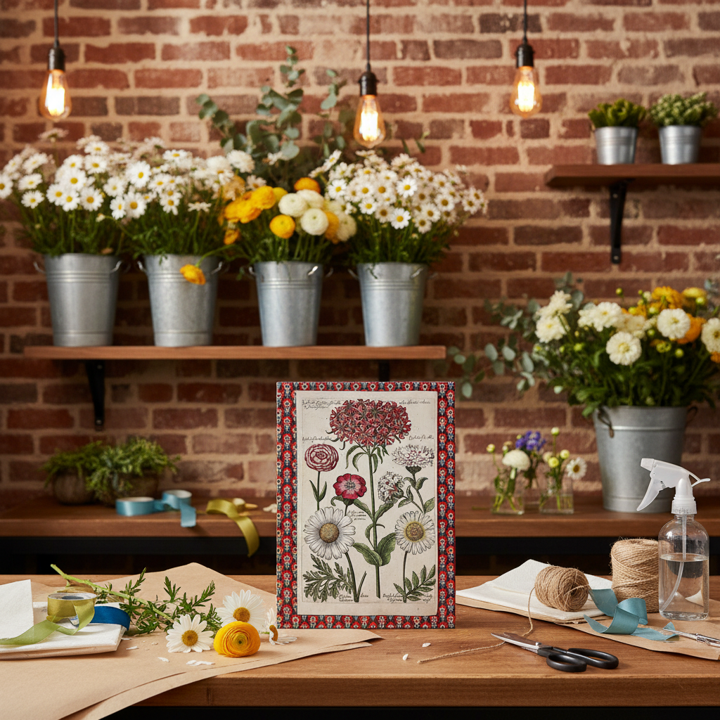 De Bry 1641 Florilegium Novum daisies journal on florist counter with kraft paper, ribbons, scissors and fresh flowers against exposed brick wall - LeBonJournal