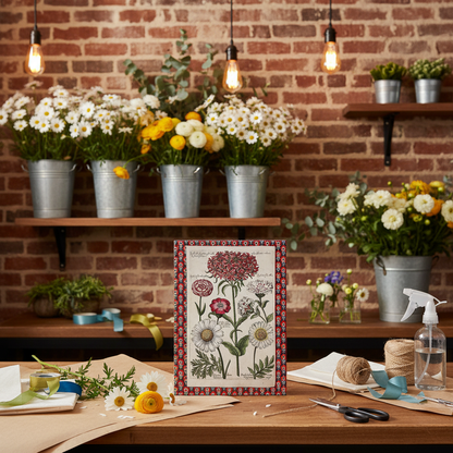 De Bry 1641 Florilegium Novum daisies journal on florist counter with kraft paper, ribbons, scissors and fresh flowers against exposed brick wall - LeBonJournal