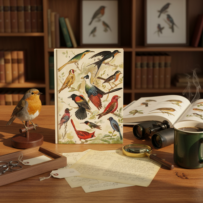 Diccionario Enciclopedico Salvat bird journal on ornithologist desk binoculars field guide taxidermy - LeBonJournal
