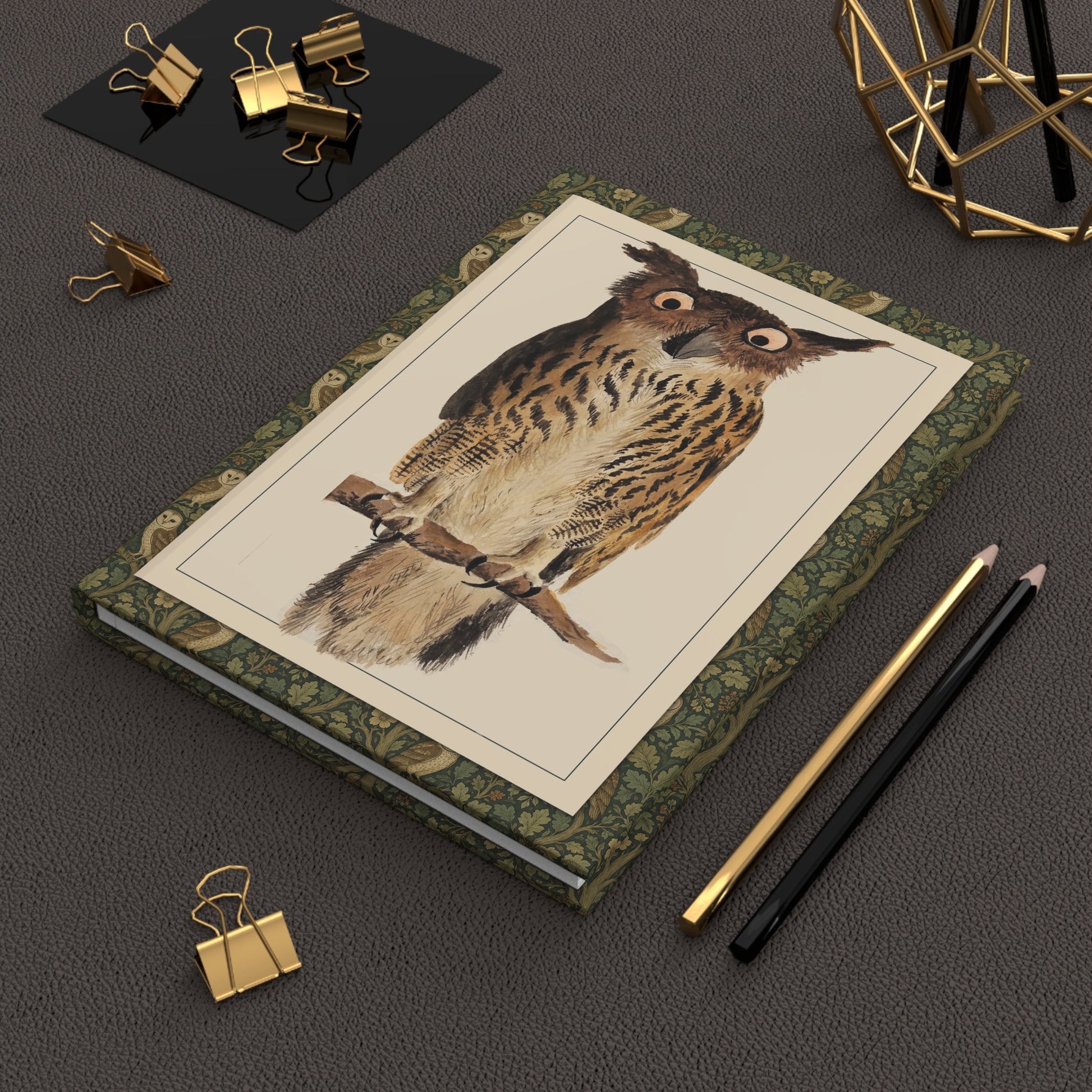 Digby 1810 owl journal on desk with vintage drawing tools celebrating Naturalist's Companion manuscript - LeBonJournal