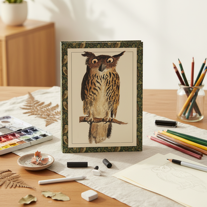 Digby 1810 Eagle Owl blank journal in artist's studio with watercolours coloured pencils and charcoal - LeBonJournal