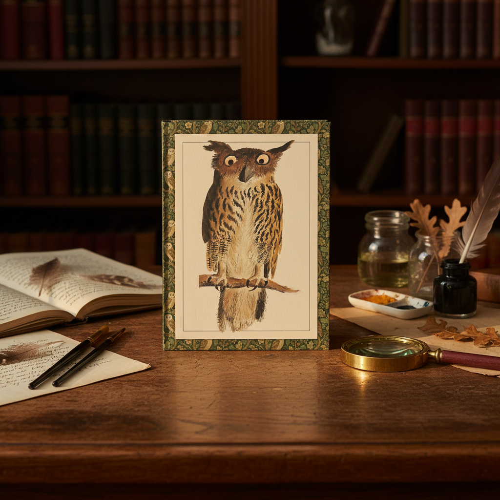 Digby 1810 Eagle Owl journal in naturalist's study with watercolour brushes magnifying glass and manuscript pages - LeBonJournal