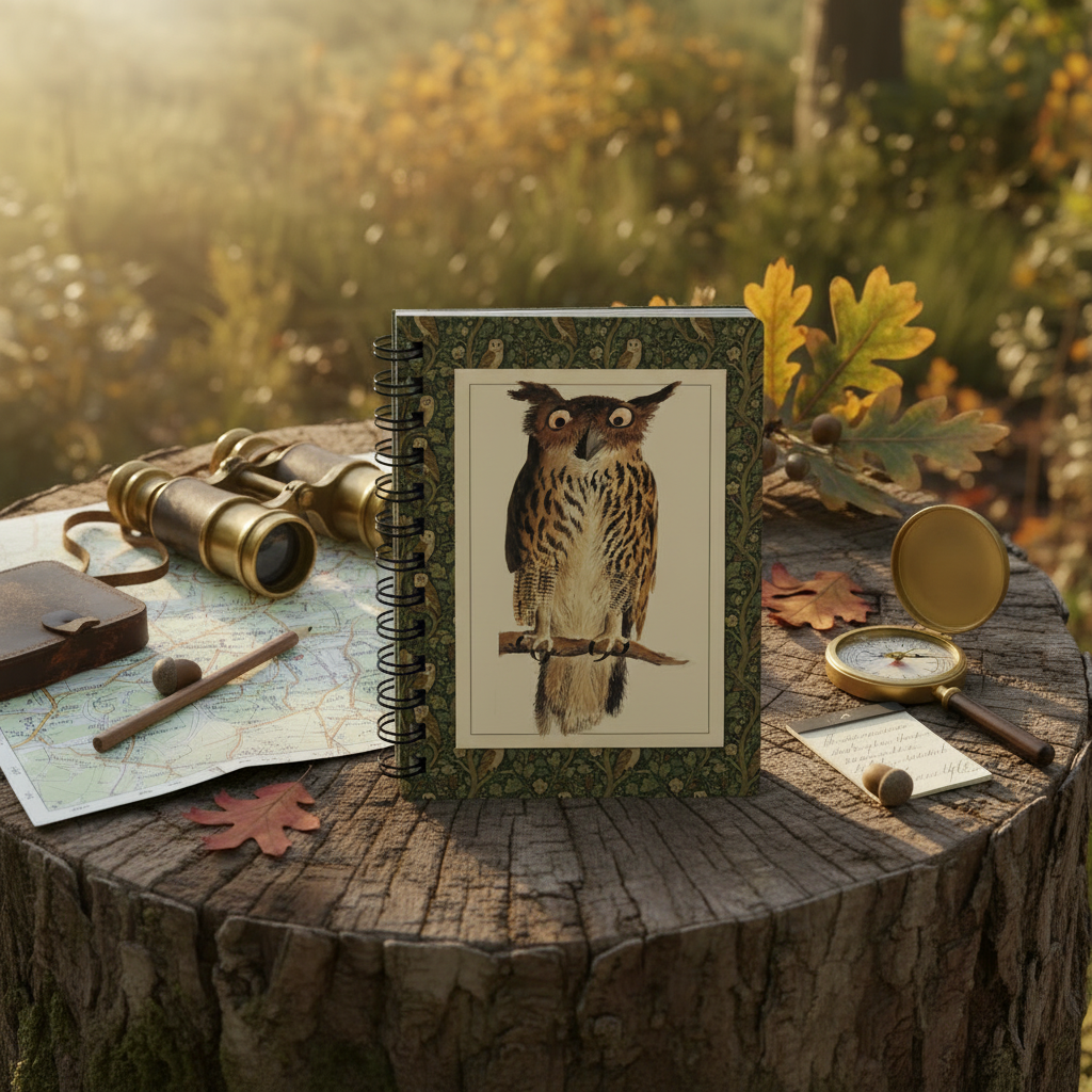 Digby 1810 Eagle Owl spiral journal standing vertically on field table with brass binoculars leather compass and autumn leaves - LeBonJournal