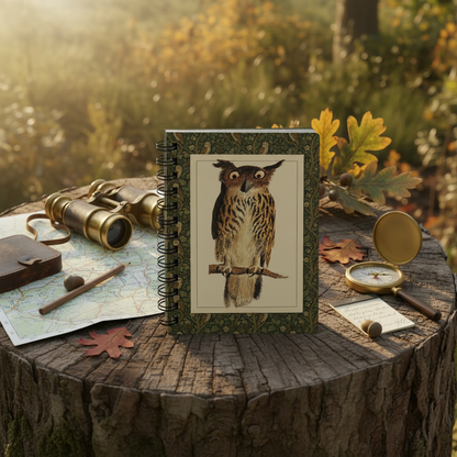 Digby 1810 Eagle Owl spiral journal standing vertically on field table with brass binoculars leather compass and autumn leaves - LeBonJournal