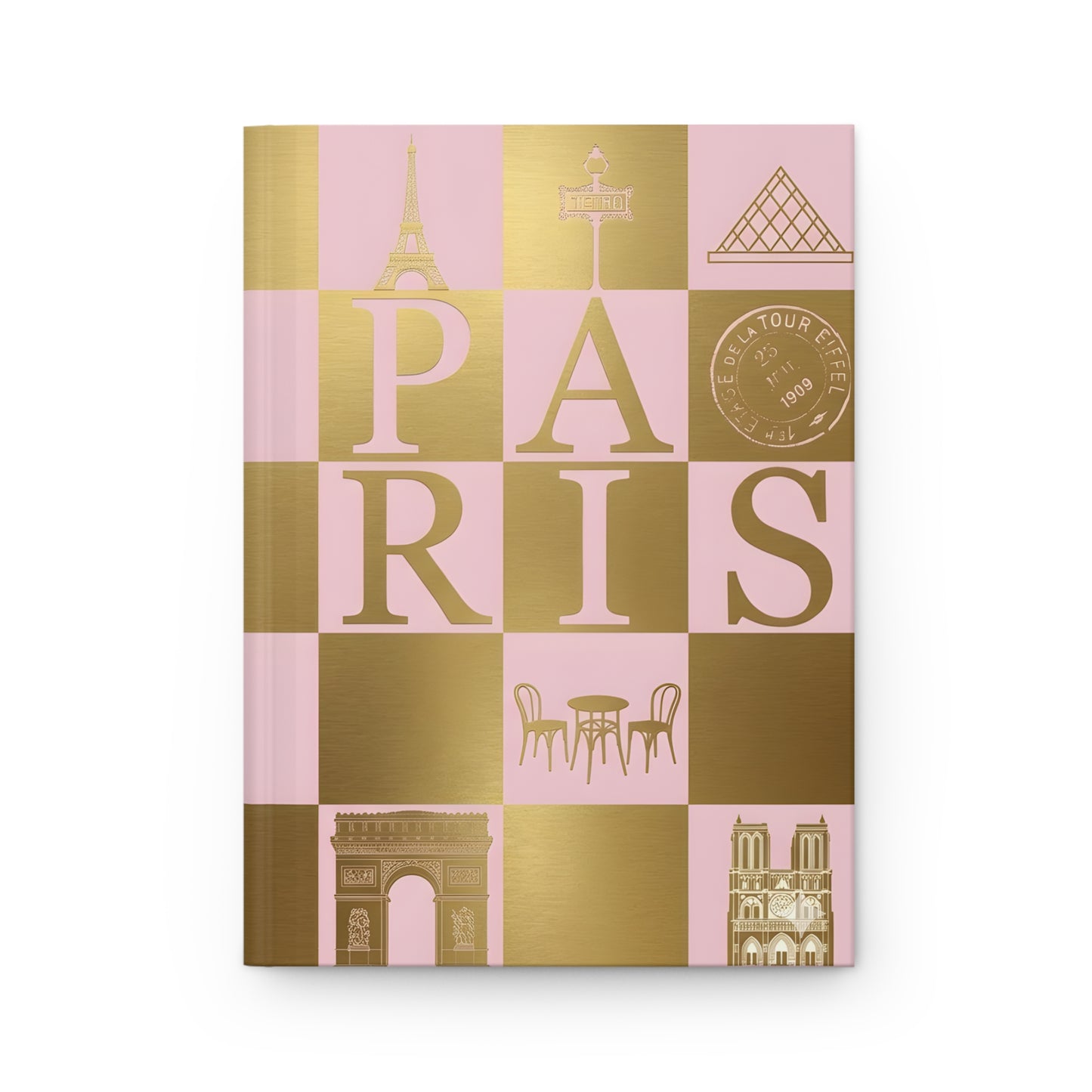 Dior pink gold checkerboard front cover with Eiffel Tower Louvre pyramid Arc de Triomphe Notre-Dame Métro café - LeBonJournal
