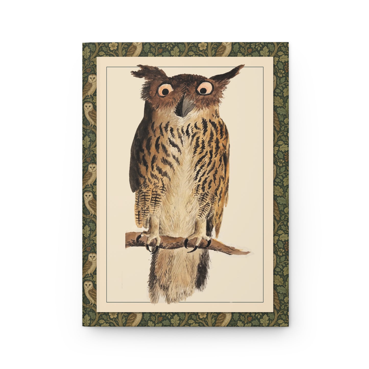 Owl journal front cover with Digby 1810 Eagle Owl Bubo bubo watercolour and green Arts and Crafts border - LeBonJournal