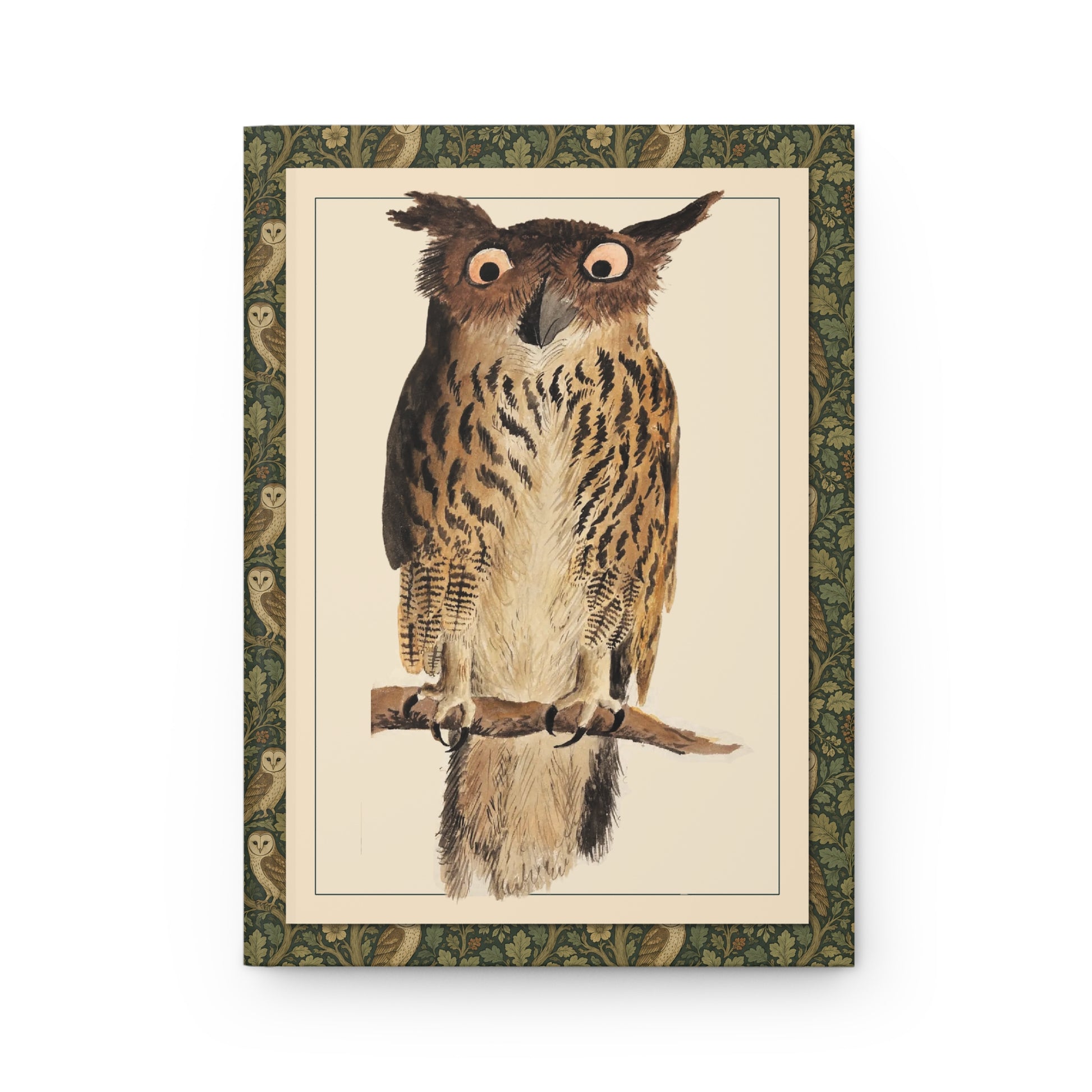 Owl journal front cover with Digby 1810 Eagle Owl Bubo bubo watercolour and green Arts and Crafts border - LeBonJournal