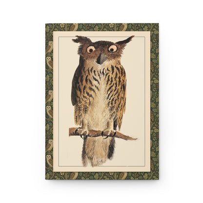 Owl journal front cover with Digby 1810 Eagle Owl Bubo bubo watercolour and green Arts and Crafts border - LeBonJournal