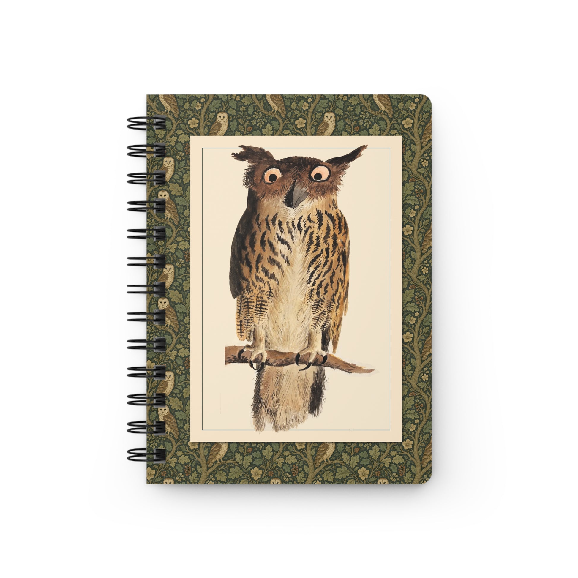 Owl spiral journal front cover with Digby 1810 Eagle Owl Bubo bubo watercolour and green Arts and Crafts border - LeBonJournal