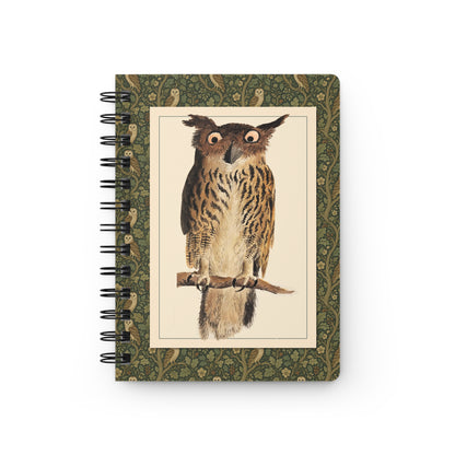 Owl spiral journal front cover with Digby 1810 Eagle Owl Bubo bubo watercolour and green Arts and Crafts border - LeBonJournal