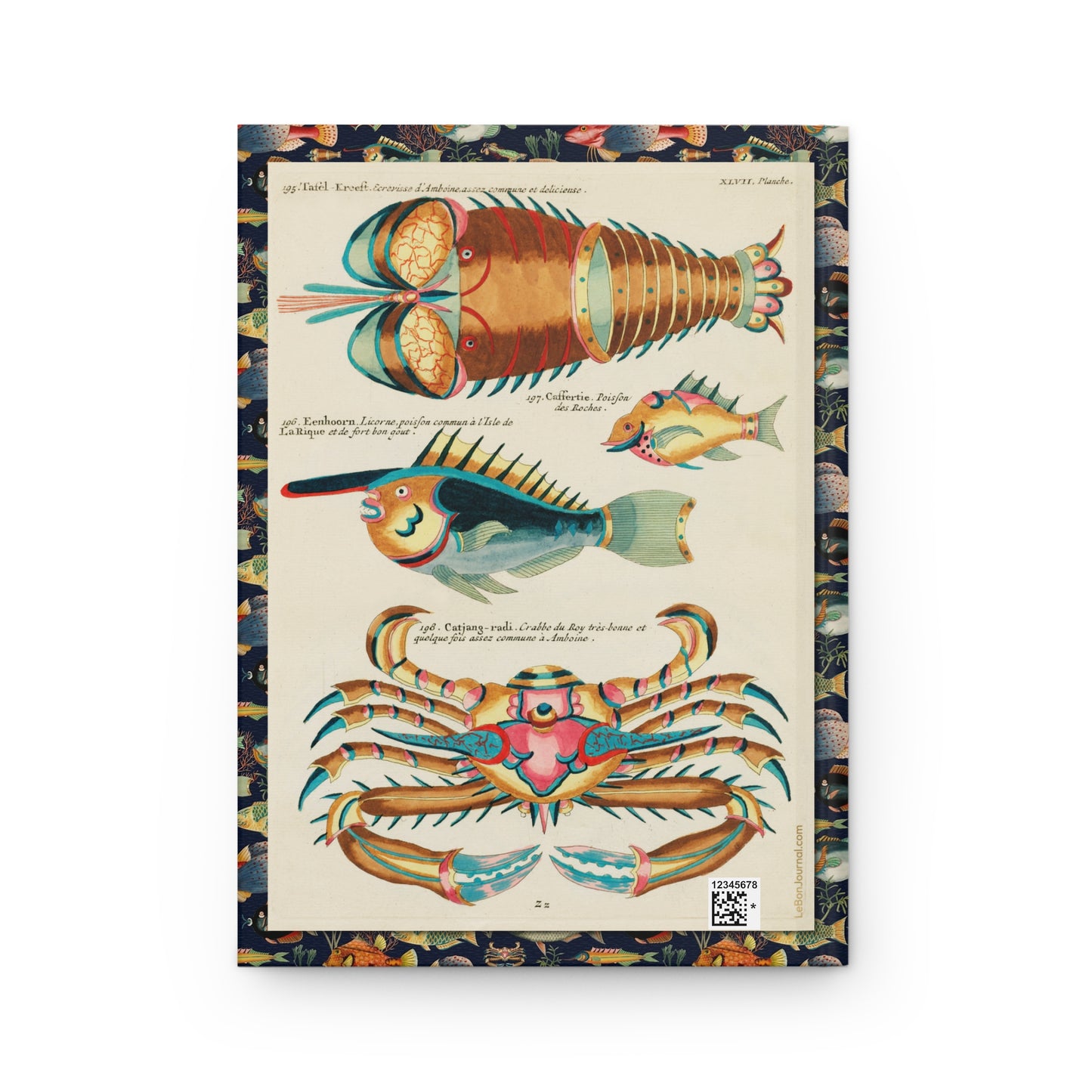 Eenhoorn Licorne unicorn fish, Catjang-radi crab and Tafel-Kreeft lobster back cover, Plate XLVII Louis Renard 1754 second edition - LeBonJournal