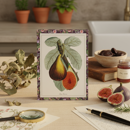 Ehret and Macfarlane fig blank journal in Mediterranean botanical study with fresh figs fountain pen and Victorian botanical illustration - LeBonJournal