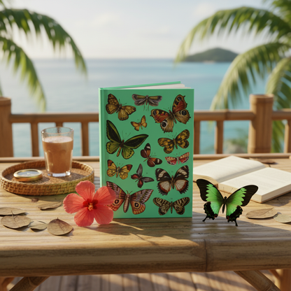 El Tesoro de la Juventud Birdwing journal on colonial veranda hibiscus ocean view palm fronds - LeBonJournal