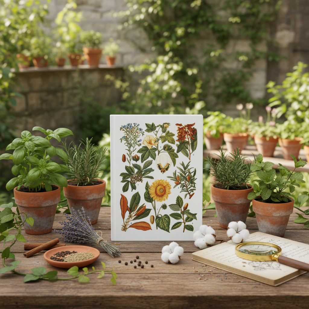 El Tesoro de la Juventud 1913 botanical blank journal in outdoor herb garden with terracotta pots rosemary mint cotton bolls and cinnamon - LeBonJournal