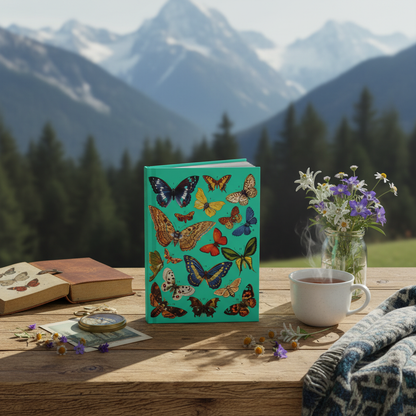 El Tesoro de la Juventud butterfly journal in alpine cabin edelweiss wildflowers snow-capped peaks - LeBonJournal

