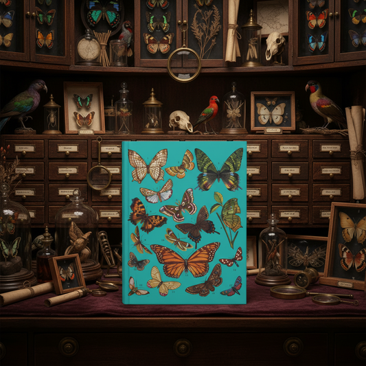 El Tesoro de la Juventud butterfly journal in Victorian Wunderkammer specimens bell jars oil lamp curiosities - LeBonJournal
