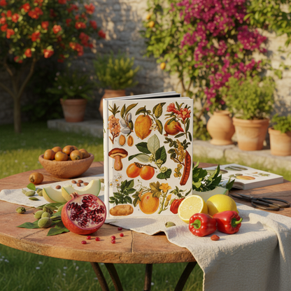 El Tesoro de la Juventud edible fruits journal on Mediterranean garden table pomegranate lemon almond peppers - LeBonJournal
