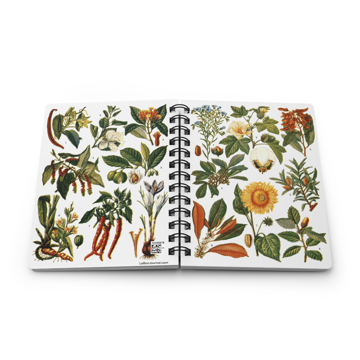 El Tesoro de la Juventud spiral journal open at spine showing Vegetales de Aprovechamiento Industrial and Especias full-wrap covers and removable metal spiral binding - LeBonJournal