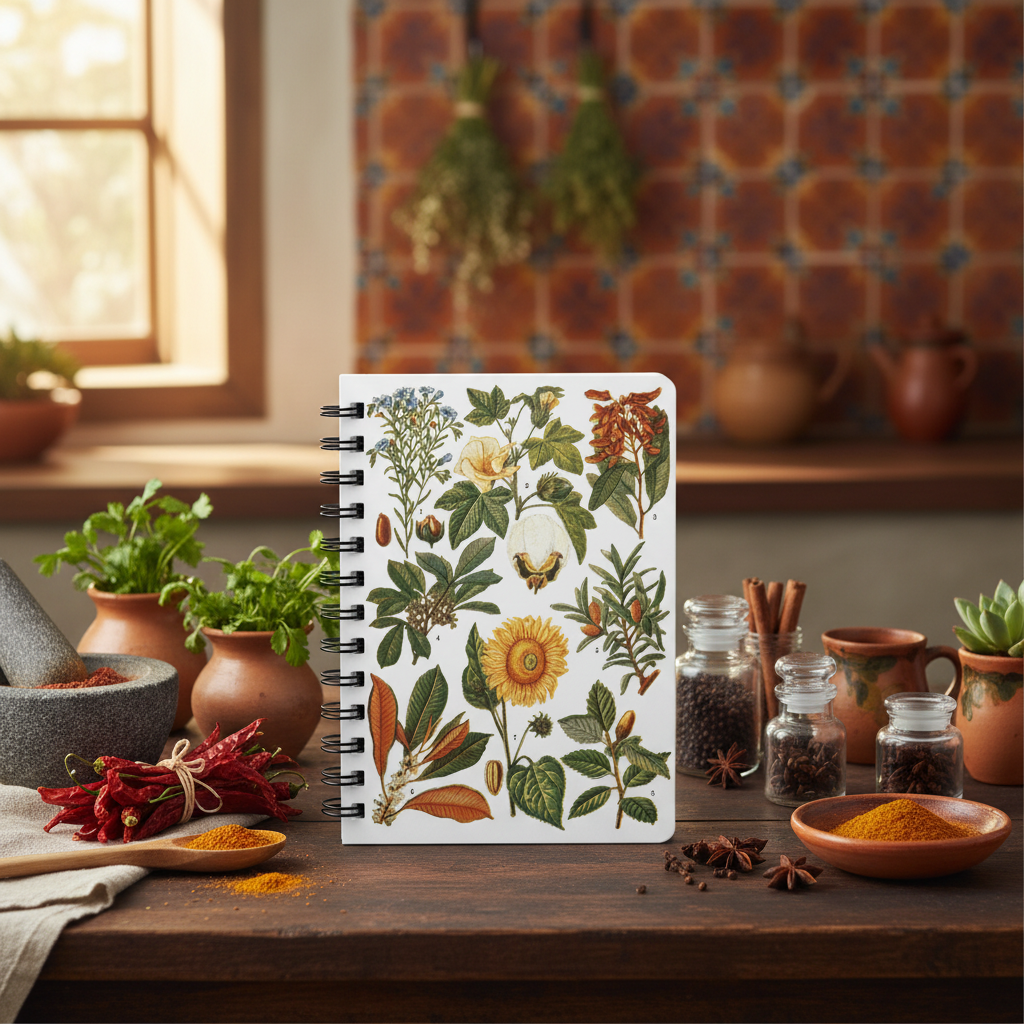 El Tesoro de la Juventud 1913 botanical spiral journal in Latin American colonial kitchen with stone mortar dried chili peppers spice jars and azulejo tiles - LeBonJournal