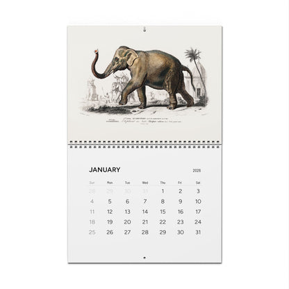 Front cover and January Asiatic elephant engraving from D'Orbigny 1849 Dictionnaire Histoire Naturelle calendar - LeBonJournal