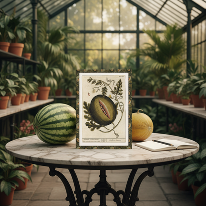 Elizabeth Blackwell 1739 Curious Herbal melon journal on antique marble table in Victorian greenhouse with fresh watermelon, cantaloupe and notepad - LeBonJournal