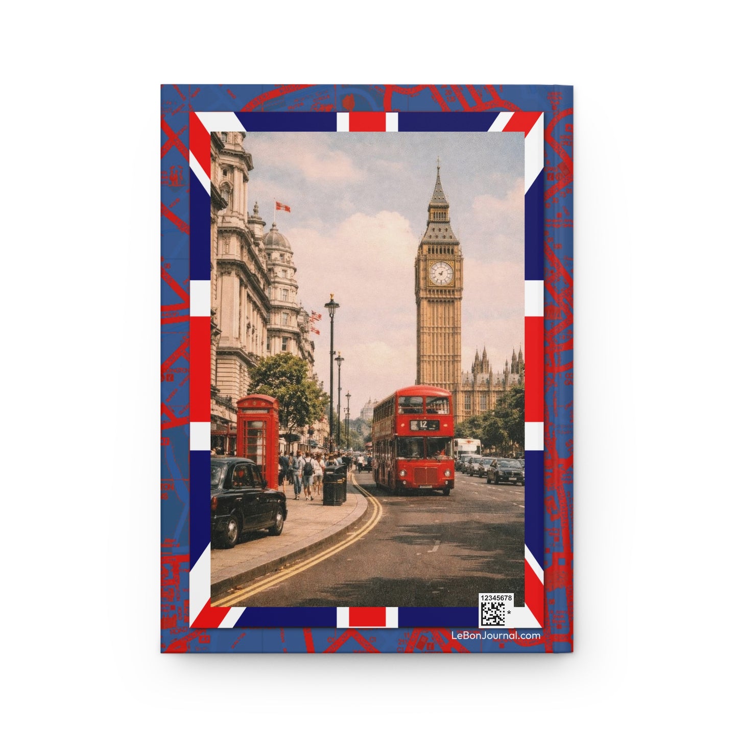 Elizabeth Tower London icons back cover with red telephone box double-decker bus Union Jack vintage travel poster style - LeBonJournal