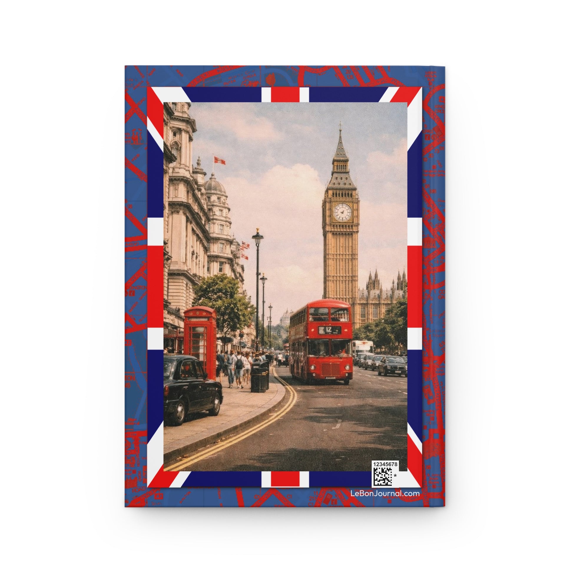 Elizabeth Tower London icons back cover with red telephone box double-decker bus Union Jack vintage travel poster style - LeBonJournal