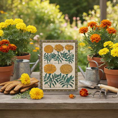 Emanuel Sweert 1612 marigold journal on weathered garden table with terracotta pots of blooming marigolds, gardening gloves, watering can and cultivating tools - LeBonJournal
