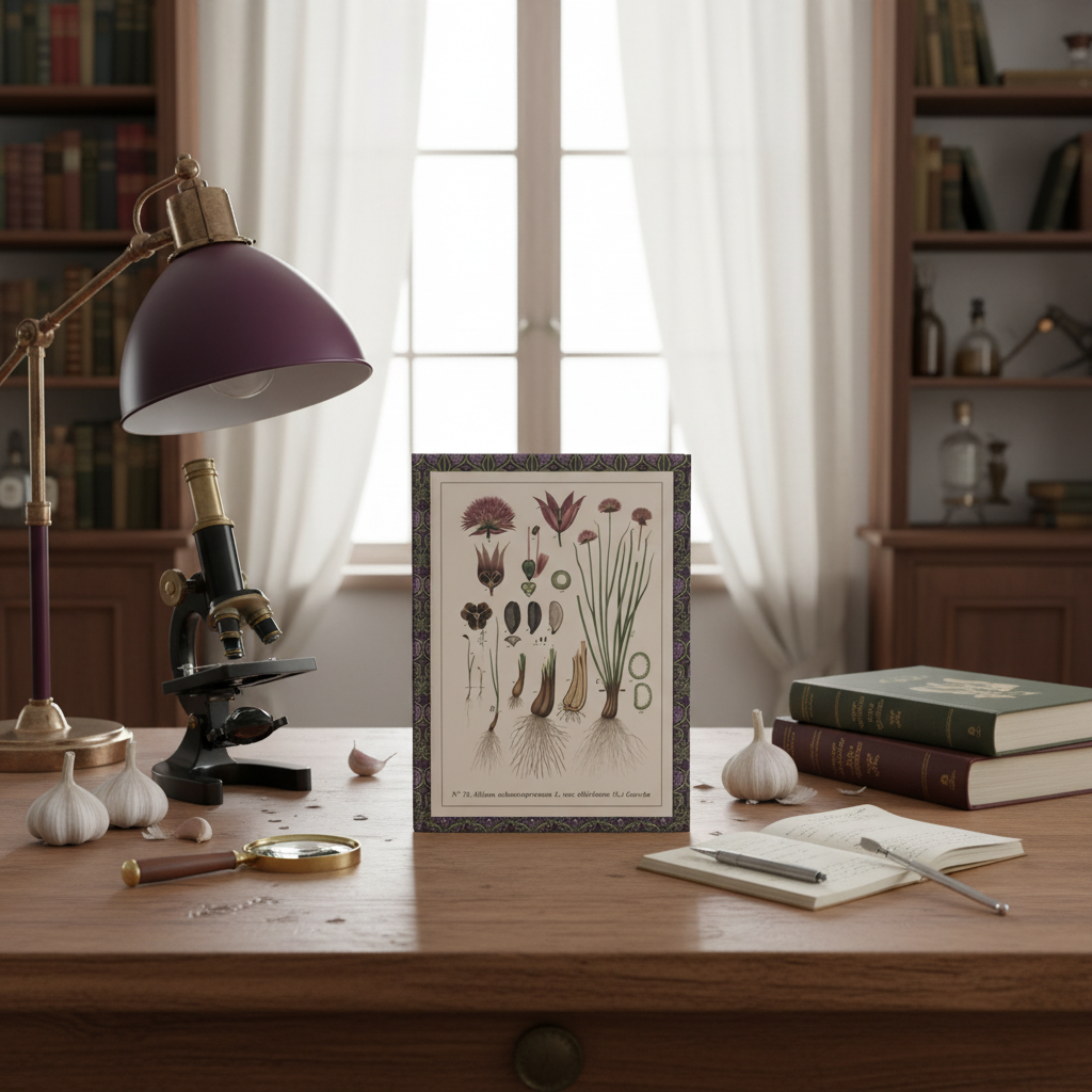 Emil Korsmo 1913 Allium journal on vintage botanist's desk with microscope, garlic heads, violet lamp, linen curtains and botanical library - LeBonJournal