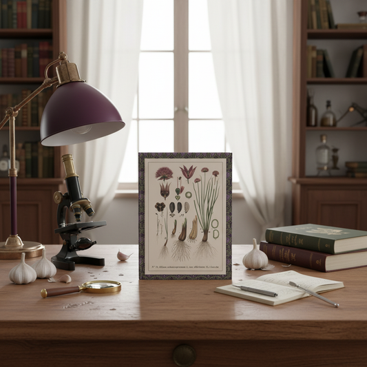 Emil Korsmo 1913 Allium journal on vintage botanist's desk with microscope, garlic heads, violet lamp, linen curtains and botanical library - LeBonJournal
