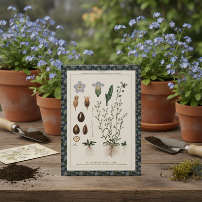 Emil Korsmo Forget me not journal standing on rustic wooden table in garden with potted Field Forget-me-not and Small Bugloss plants - LeBonJournal
