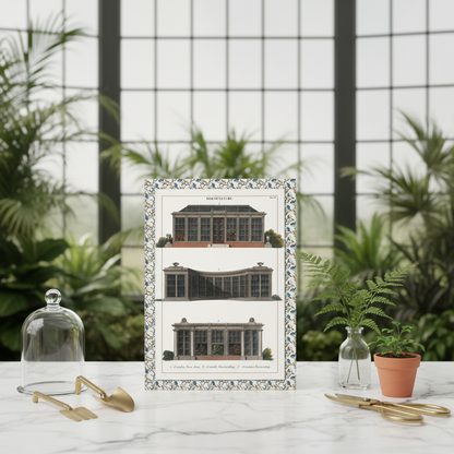 Encyclopaedia Londinensis 1810-1820 greenhouse journal standing upright on marble surface inside Regency-era conservatory with divided glass windows and lush botanical plants - LeBonJournal
