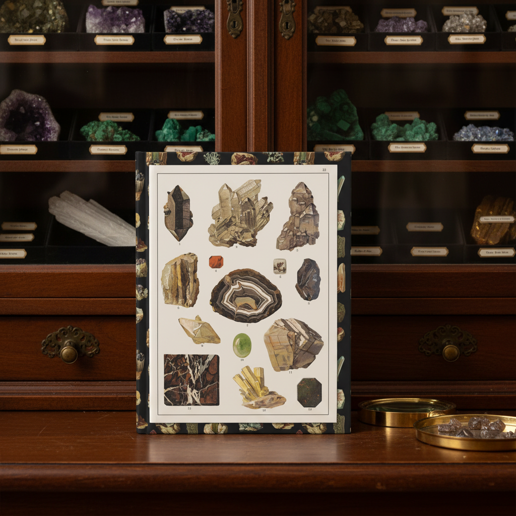 Feliks Wermiński 1893 mineral specimens journal standing in front of Victorian mahogany mineral cabinet with labelled crystal specimens, magnifying glass and brass tray, warm candlelight atmosphere - LeBonJournal