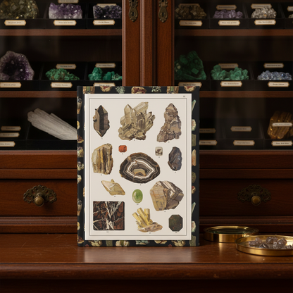 Feliks Wermiński 1893 mineral specimens journal standing in front of Victorian mahogany mineral cabinet with labelled crystal specimens, magnifying glass and brass tray, warm candlelight atmosphere - LeBonJournal