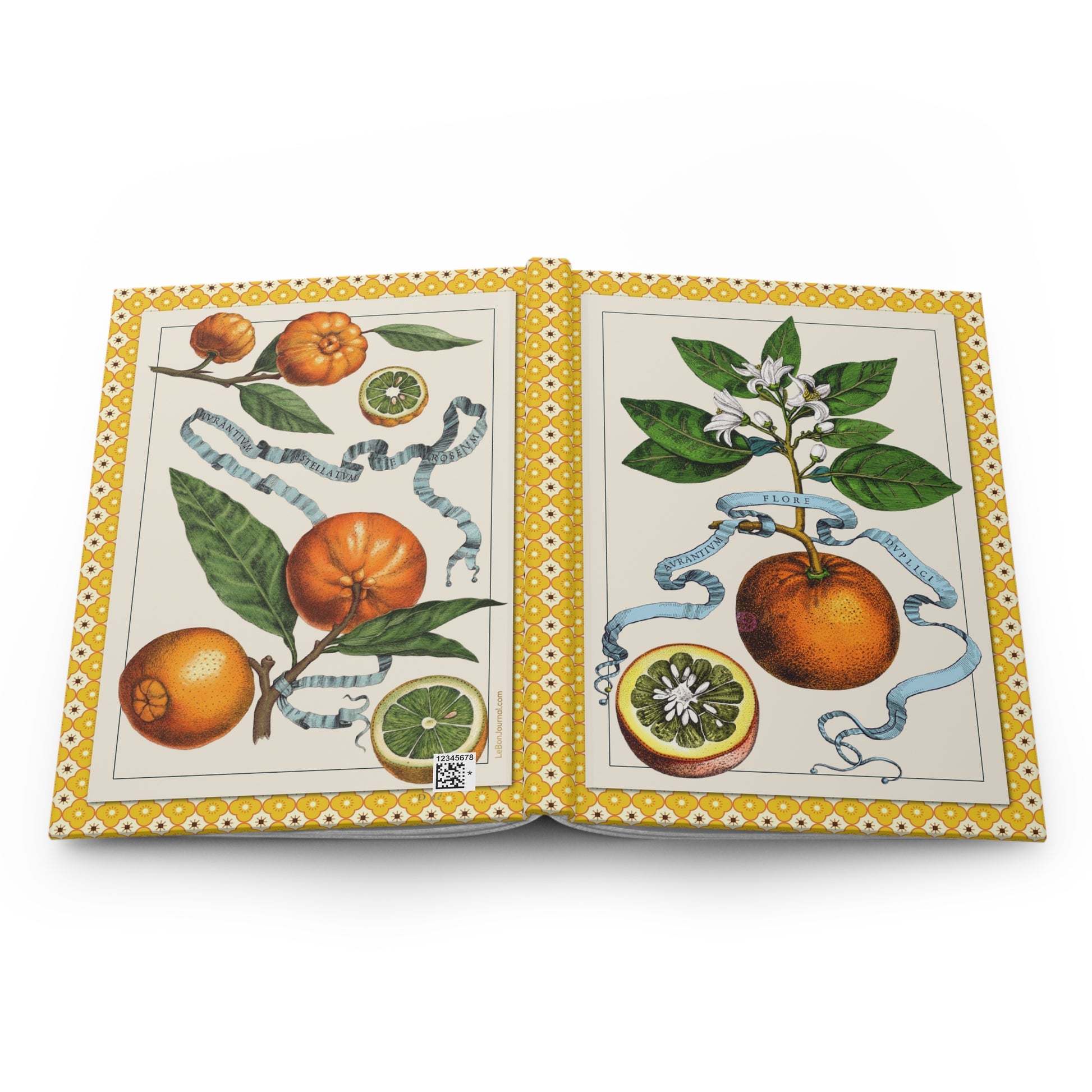 Ferrari 1646 Hesperides citrus hardcover journal open showing front and back covers with casewrap sewn spine, Baroque orange blossom engraving - LeBonJournal