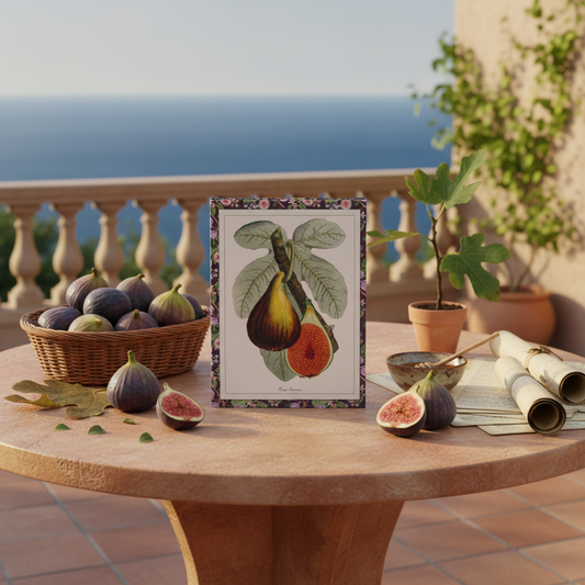 Ehret 1750 Ficus carica fig journal on Mediterranean terrace with basket of fresh figs, honey and botanical manuscript pages overlooking the sea - LeBonJournal