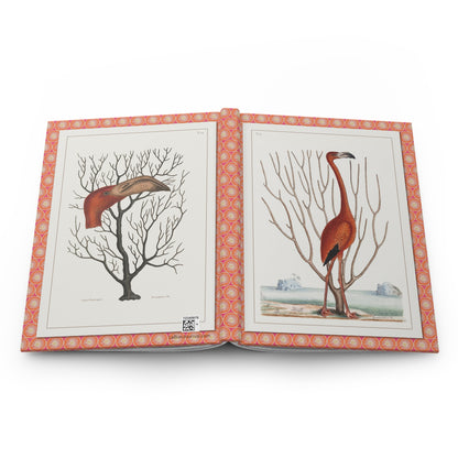 Open Flamingo journal showing durable casewrap binding, hardcover construction with Mark Catesby 1731 Phoenicopterus Bahamensis illustrations on front and back covers, and flexible spine for lay-flat writing - LeBonJournal