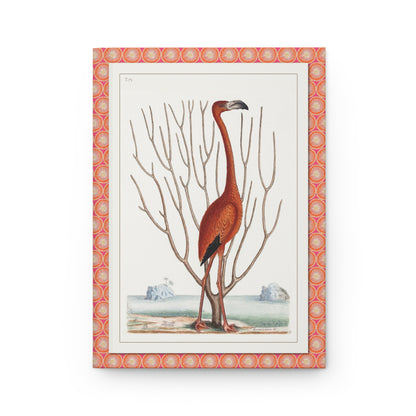 Front cover of Flamingo journal featuring Mark Catesby Plate 73 hand-colored etching with American Flamingo and sea fan coral from Bahama Islands on premium matte hardcover - LeBonJournal