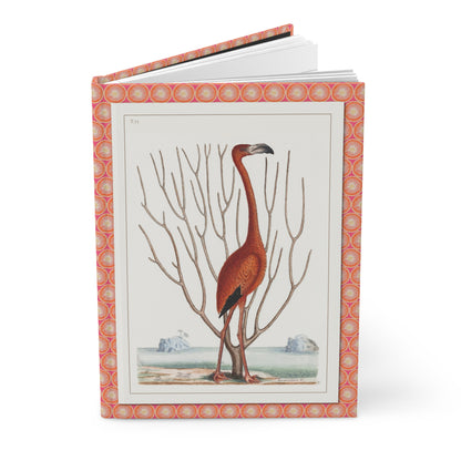 Hardcover flamingo journal standing upright showing front cover with Mark Catesby 1731 Phoenicopterus Bahamensis illustration featuring American Flamingo with Keratophyton coral from Natural History of Carolina on matte finish cover - LeBonJournal