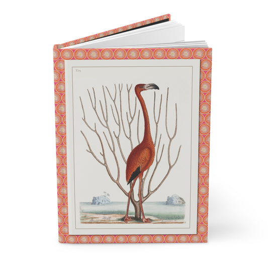 Hardcover flamingo journal standing upright showing front cover with Mark Catesby 1731 Phoenicopterus Bahamensis illustration featuring American Flamingo with Keratophyton coral from Natural History of Carolina on matte finish cover - LeBonJournal