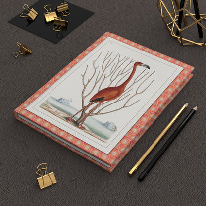 Flamingo hardcover journal in lifestyle setting, premium matte finish journal featuring vintage ornithology art, elegant stationery for bird watchers, naturalists, and flamingo enthusiasts - LeBonJournal