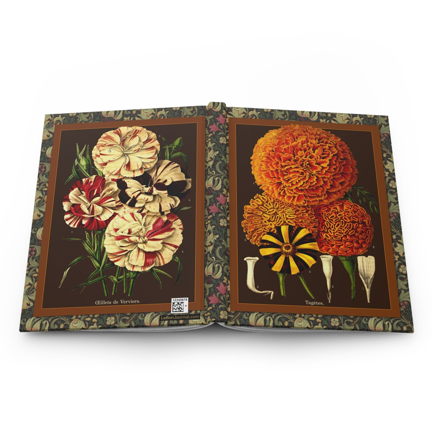 Floral hardcover journal spine full-wrap L'Illustration Horticole 1870 Tagetes carnation brown orange - LeBonJournal
