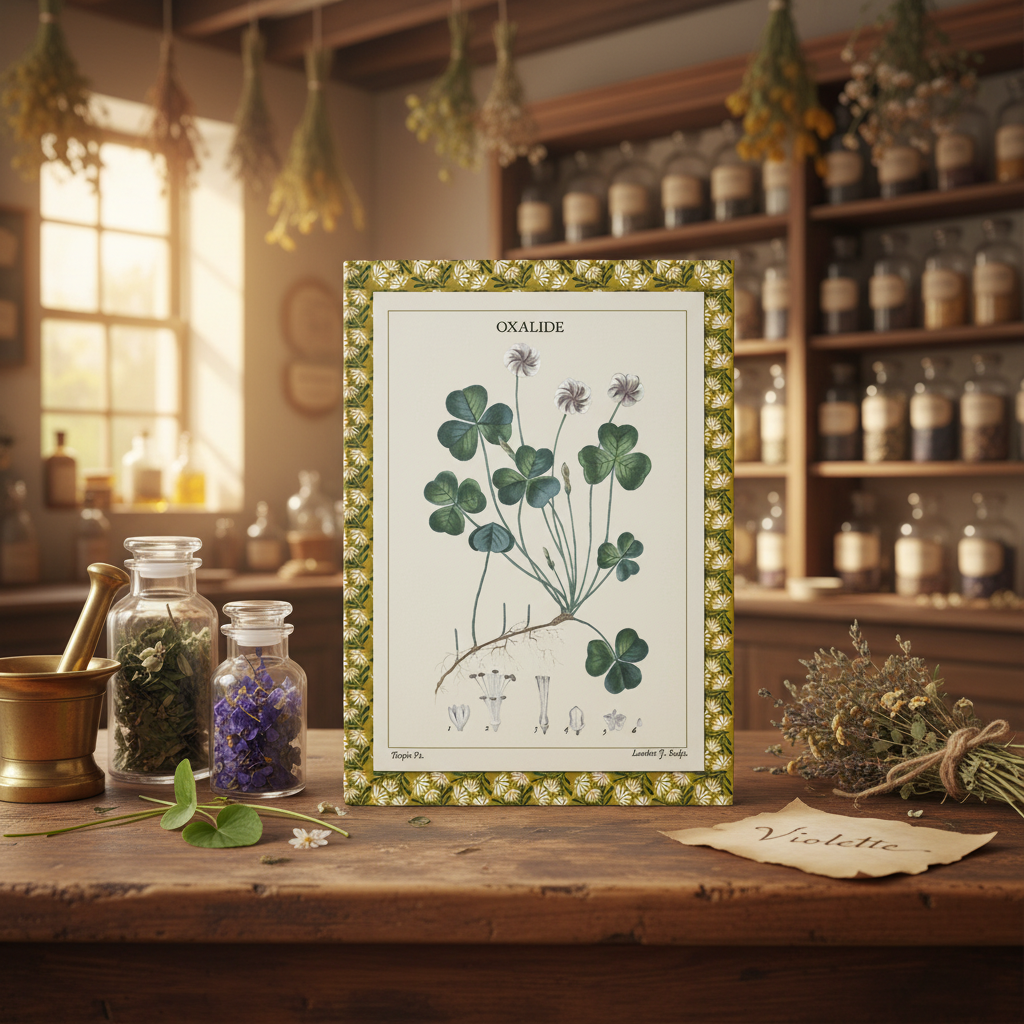 Flore médicale 1814 journal on wooden counter in French herboristerie with apothecary jars, violet stems and dried herb bundles - LeBonJournal
