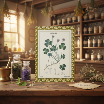 Flore médicale 1814 journal on wooden counter in French herboristerie with apothecary jars, violet stems and dried herb bundles - LeBonJournal