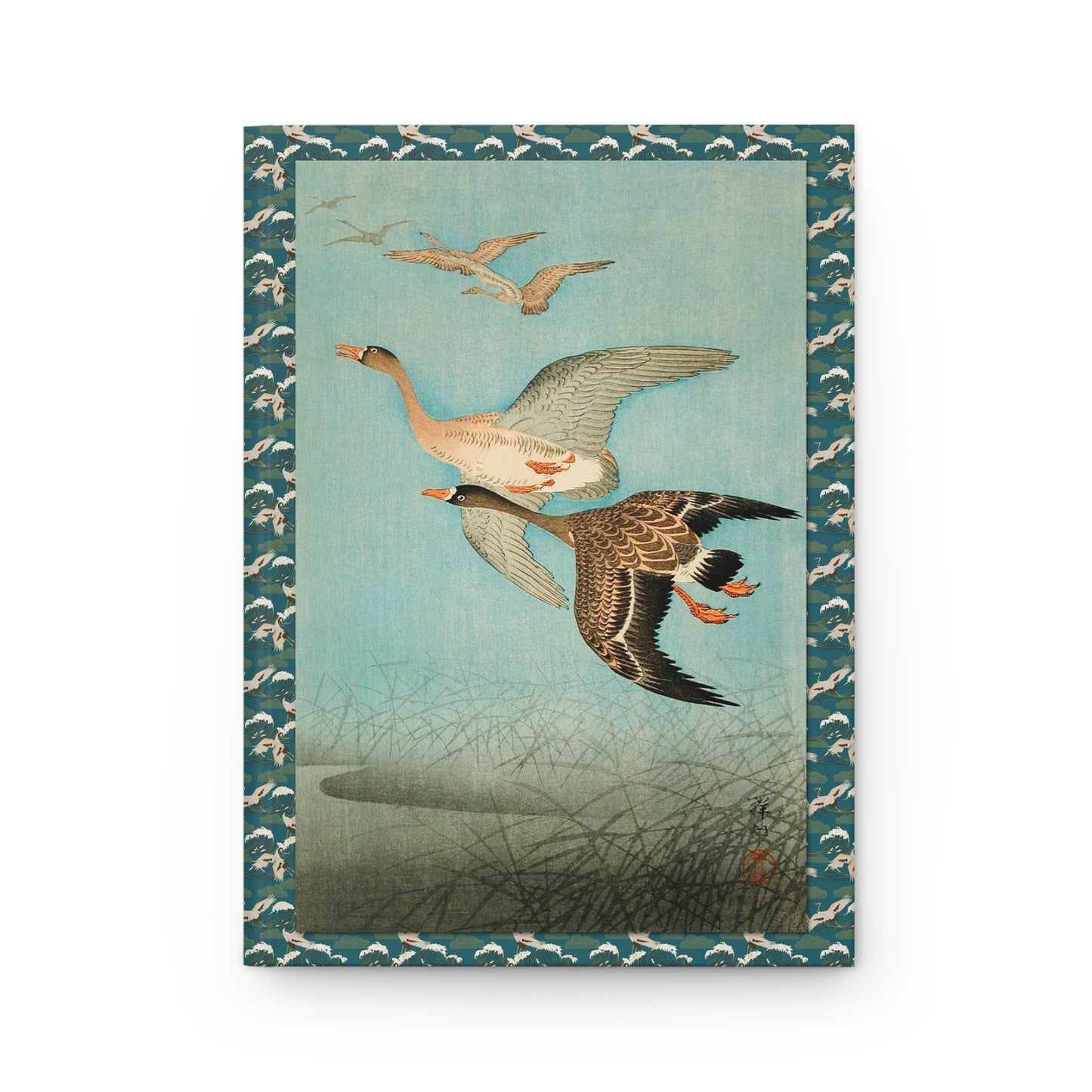 Flying Geese front cover by Ohara Koson, Shin-hanga woodblock print c. 1926, wild geese rising from misty marsh at dawn - LeBonJournal