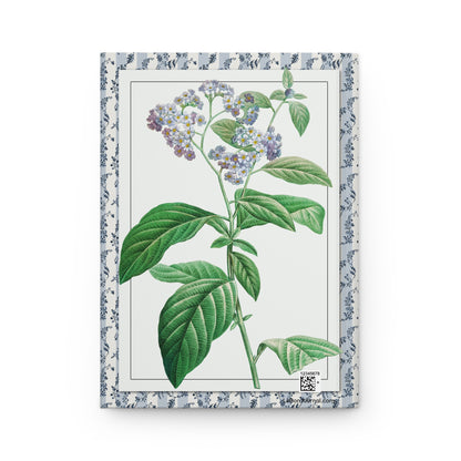 Back cover of Forget Me Not journal featuring Pierre-Joseph Redouté 1827 Heliotropium arborescens garden heliotrope illustration from Choix Des Plus Belles Fleurs with fragrant mauve purple flowers - LeBonJournal
