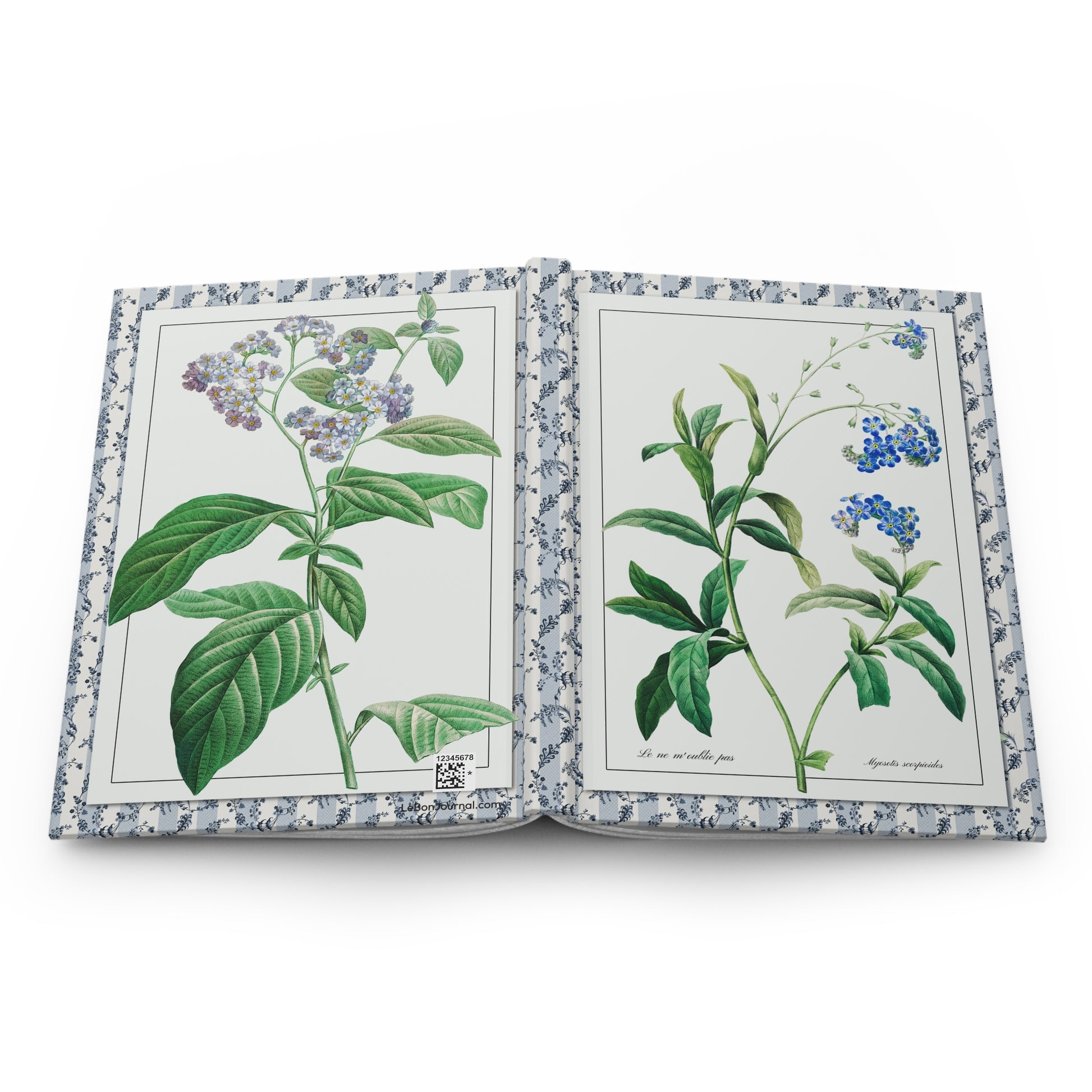 Open Forget Me Not journal showing durable casewrap binding, hardcover construction with Pierre-Joseph Redouté forget-me-not and heliotrope illustrations on front and back covers, and flexible spine for lay-flat writing - LeBonJournal