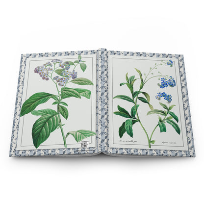 Open Forget Me Not journal showing durable casewrap binding, hardcover construction with Pierre-Joseph Redouté forget-me-not and heliotrope illustrations on front and back covers, and flexible spine for lay-flat writing - LeBonJournal
