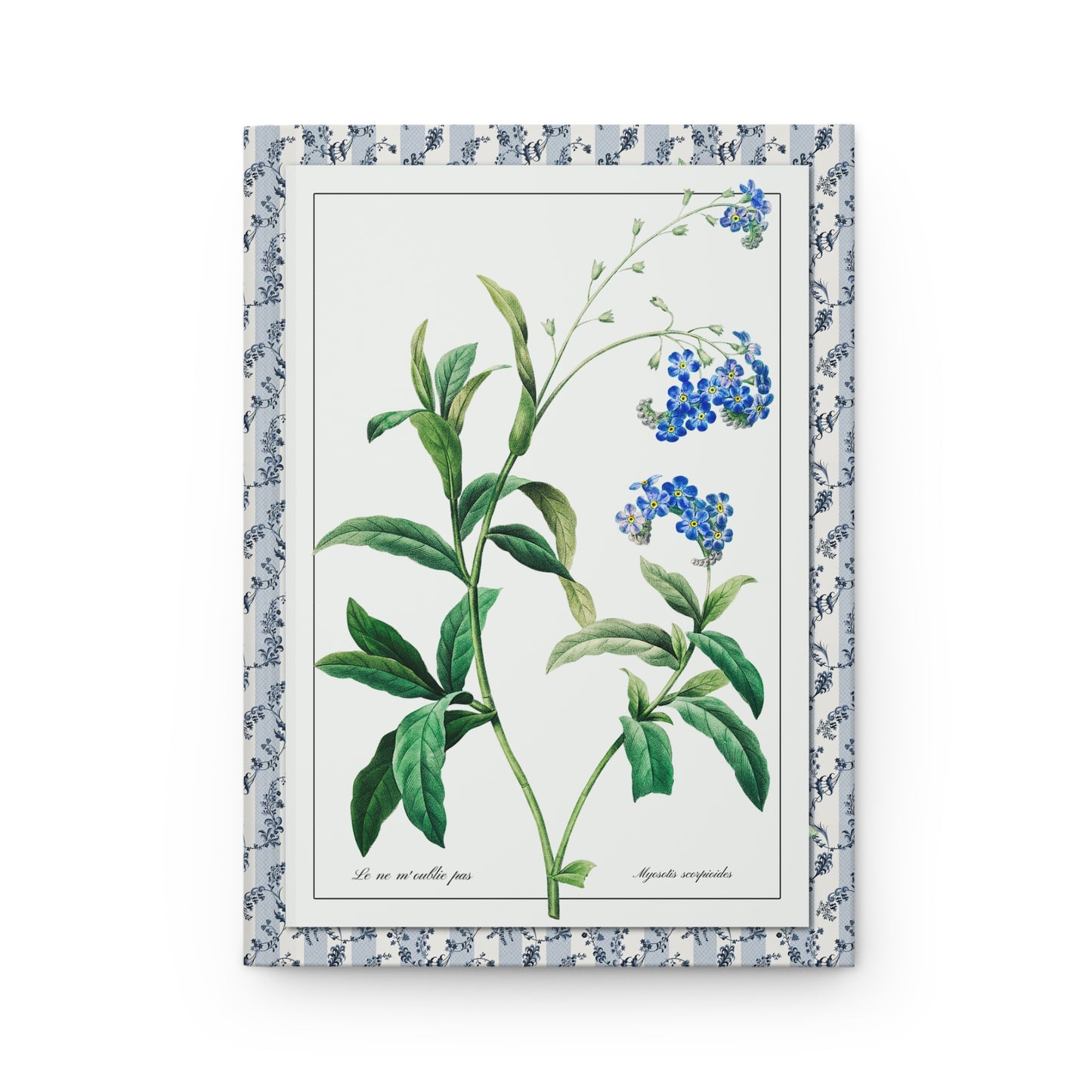 Front cover of Forget Me Not journal featuring Pierre-Joseph Redouté Le ne m'oublie pas botanical illustration with small blue blossoms and yellow centers symbolizing loyalty and remembrance on premium matte hardcover - LeBonJournal