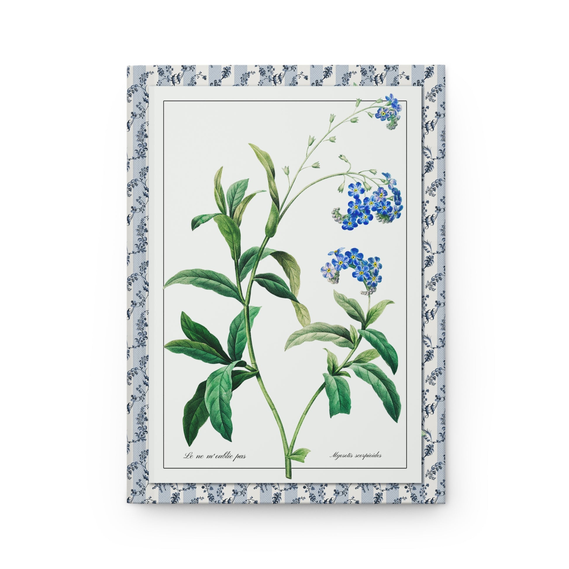 Front cover of Forget Me Not journal featuring Pierre-Joseph Redouté Le ne m'oublie pas botanical illustration with small blue blossoms and yellow centers symbolizing loyalty and remembrance on premium matte hardcover - LeBonJournal